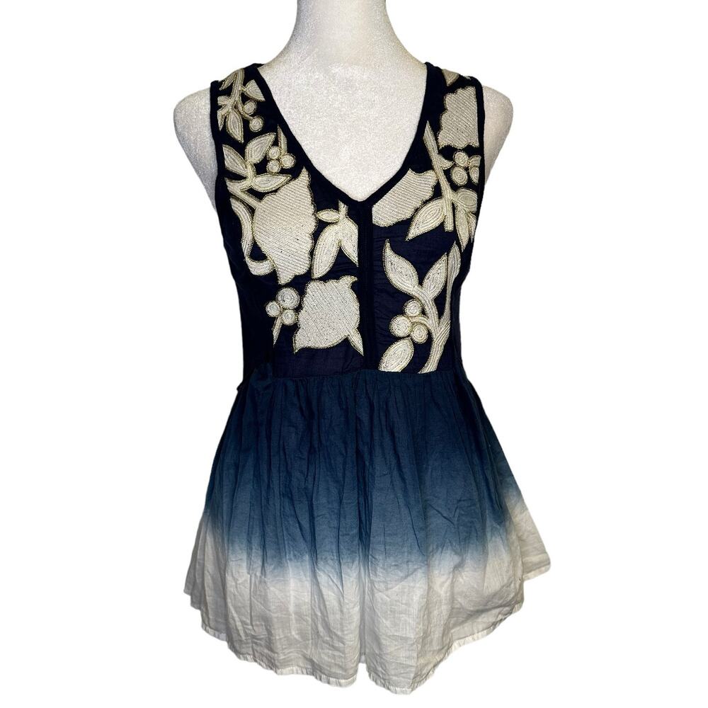 Floreat Anthropologie navy & blue & white ombre embroidered tank top size XS